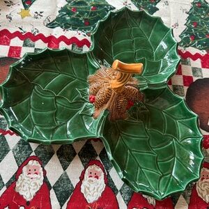 1974 Christmas Holly & Pinecone Hors d’oeuvres Ceramic Tray 11”